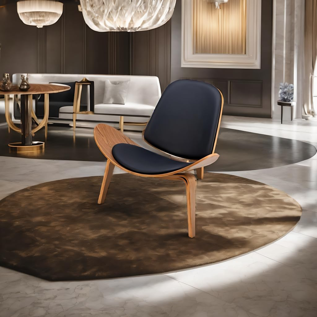 Legged Shell Chair Ash Plywood Accent Chair with Black Faux Leather Upholstery Living Room Furniture Mid-Century Modern Shell Chair - Walnut Wood - Black