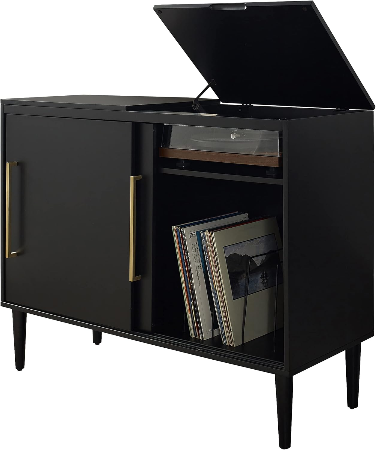 Crosley Furniture Everett Media Console and Record Player Stand with Storage for Vinyl Records, Matte Black White Mahogany Acorn