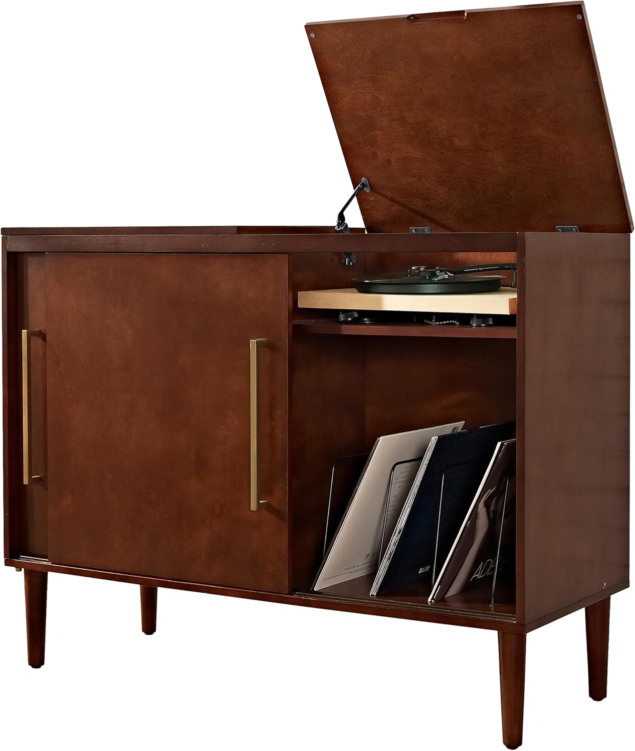 Crosley Furniture Everett Media Console and Record Player Stand with Storage for Vinyl Records, Matte Black White Mahogany Acorn