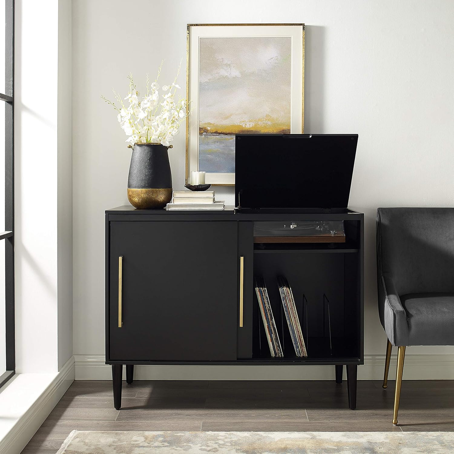 Crosley Furniture Everett Media Console and Record Player Stand with Storage for Vinyl Records, Matte Black White Mahogany Acorn
