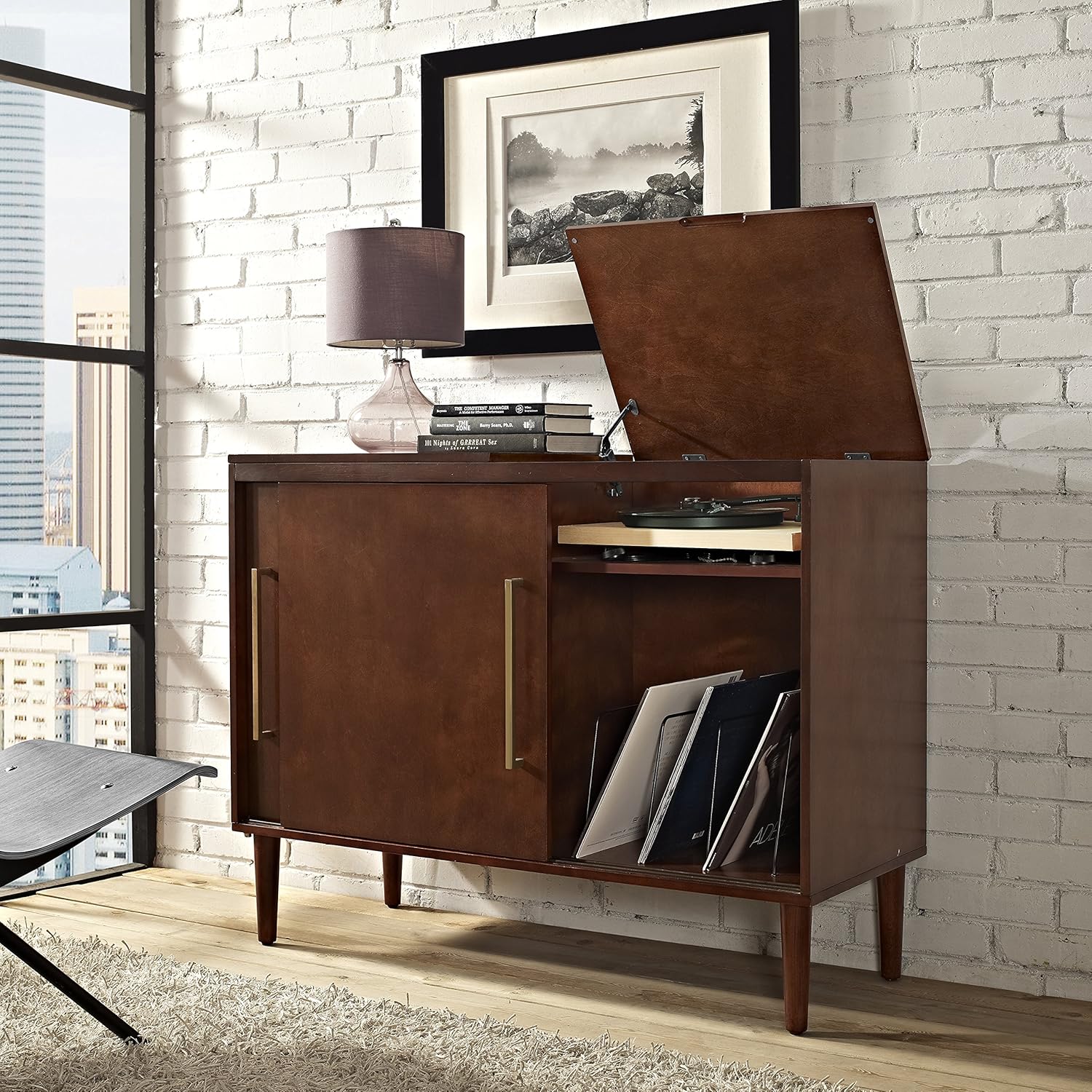 Crosley Furniture Everett Media Console and Record Player Stand with Storage for Vinyl Records, Matte Black White Mahogany Acorn