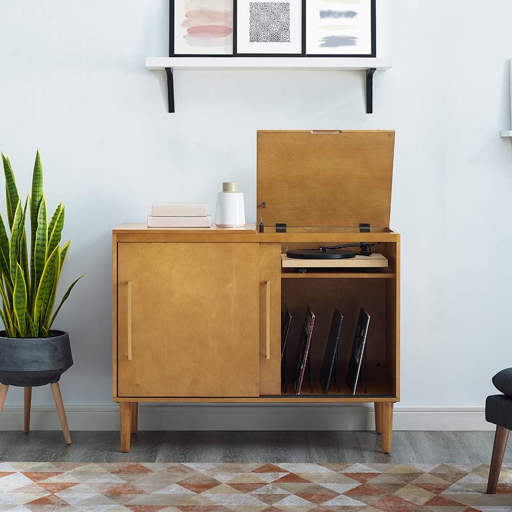 Crosley Furniture Everett Media Console and Record Player Stand with Storage for Vinyl Records, Matte Black White Mahogany Acorn