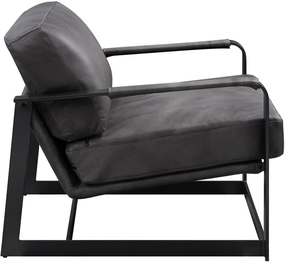 Top Grain Leather Upholstered Accent Chair in Gray and Black