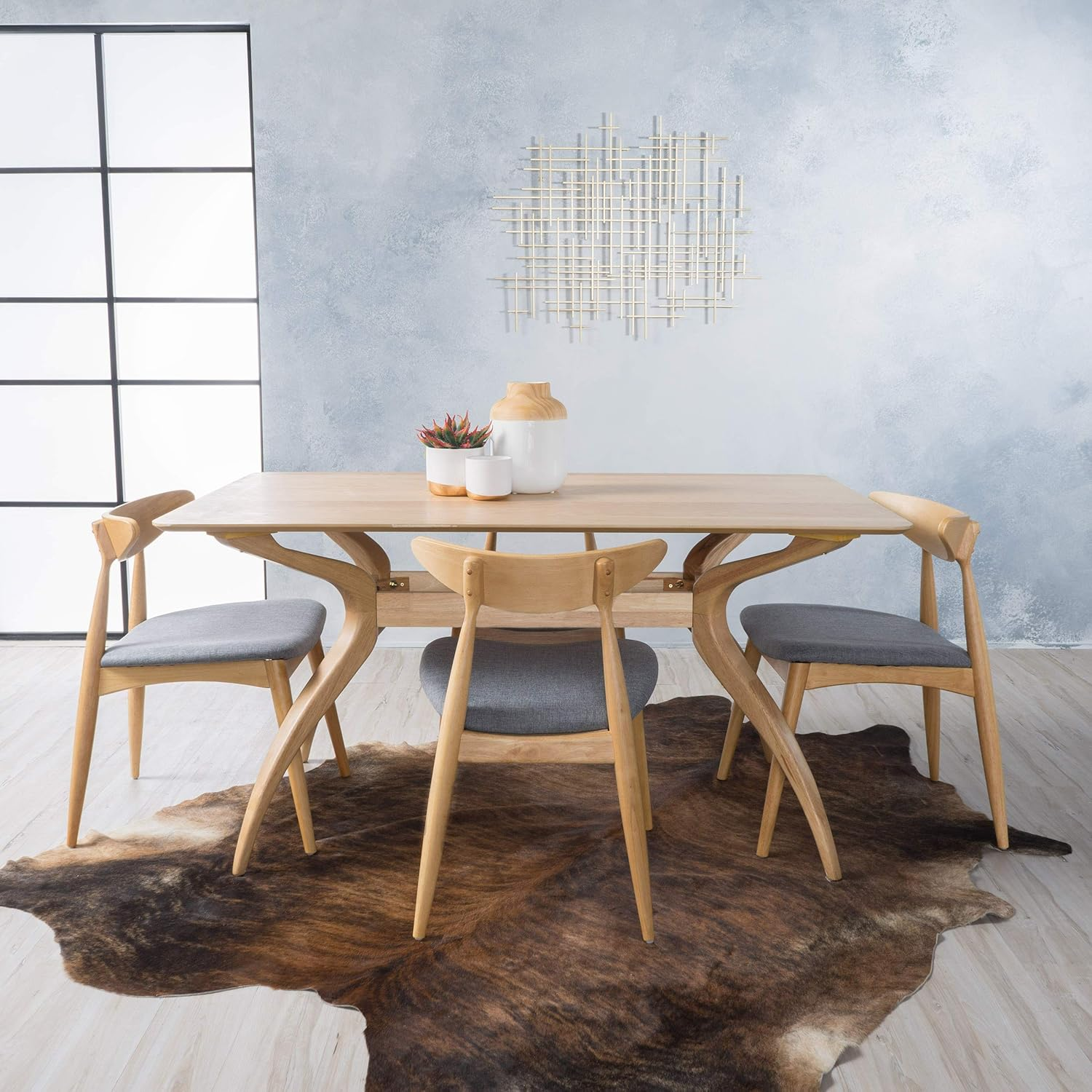 Fabric and Oak Wood Dining Set, 5-Pcs Set, Grey / Oak