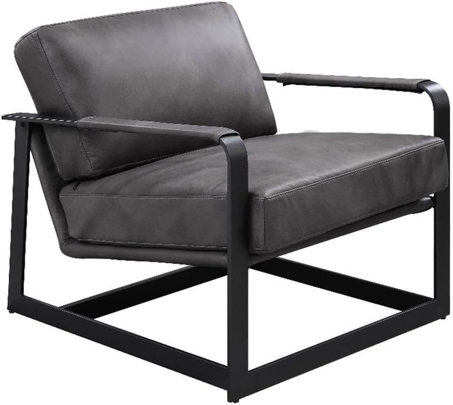 Top Grain Leather Upholstered Accent Chair in Gray and Black